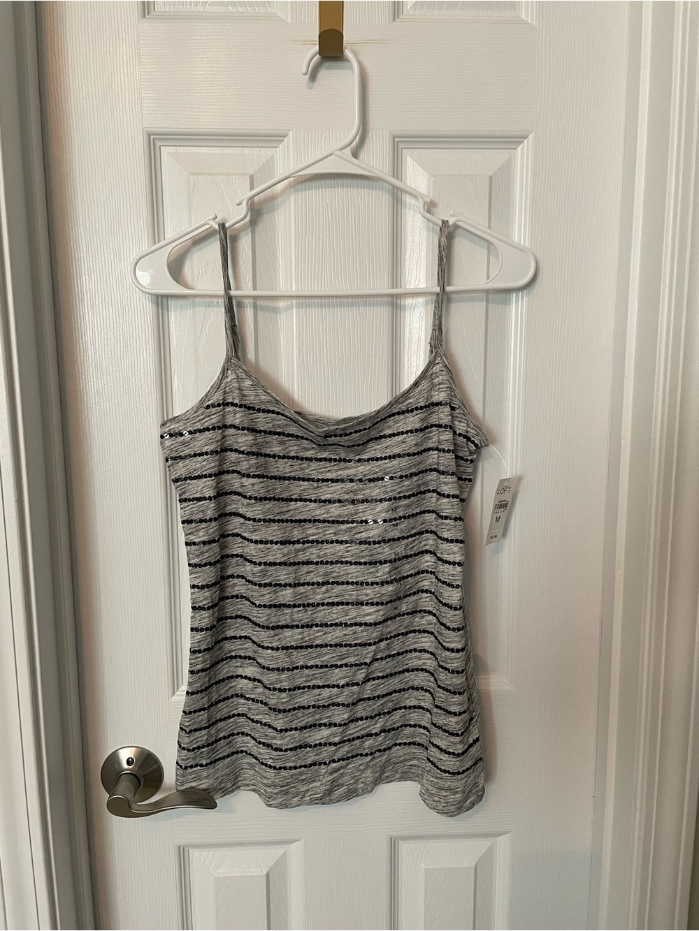 Ann Taylor LOFT Gray & Black Striped Sequin Spaghetti Strap Cami